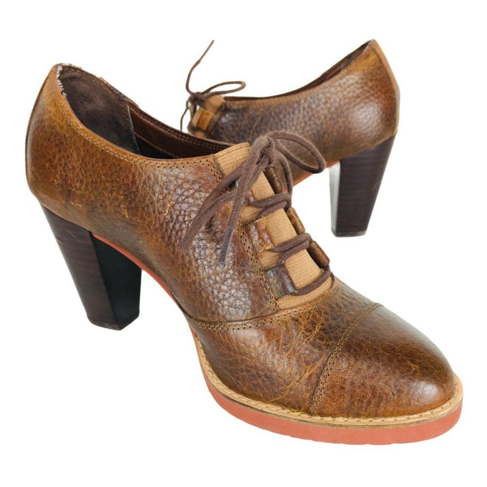 Vintage Pebbled Leather Lace-Up Chunky Stacked Cone Heel Cognac Booties Bass